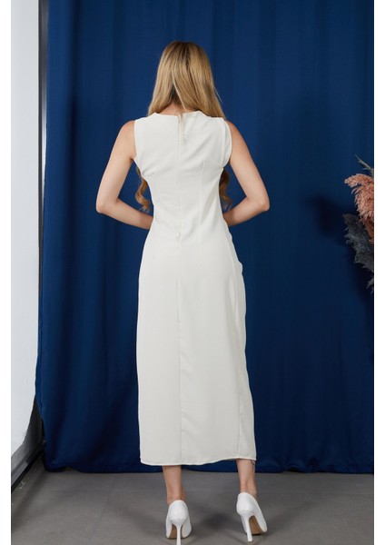 Askılı Yırtmaçlı Linda Kumaş Elbise