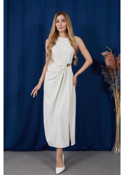 Askılı Yırtmaçlı Linda Kumaş Elbise modelleri