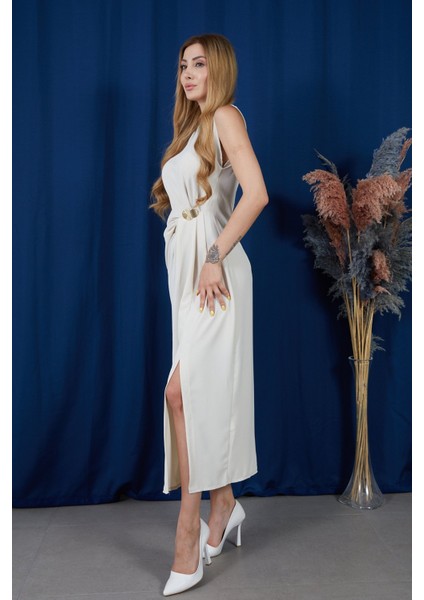 Askılı Yırtmaçlı Linda Kumaş Elbise