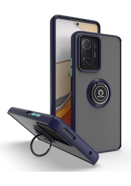 Xiaomi 11T Uyumlu Kılıf Yüzüklü Standlı Extra Darbe Koruma Sert Silikon Kapak - Lacivert