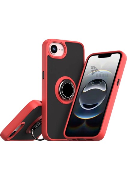 Apple iPhone 16E Uyumlu Kılıf Yüzüklü Standlı Extra Darbe Koruma Sert Silikon Kapak - Kırmızı