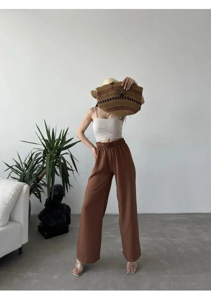 Yüksek Bel Beli Büzgülü Pantolon -Kahverengi̇ fırsatları