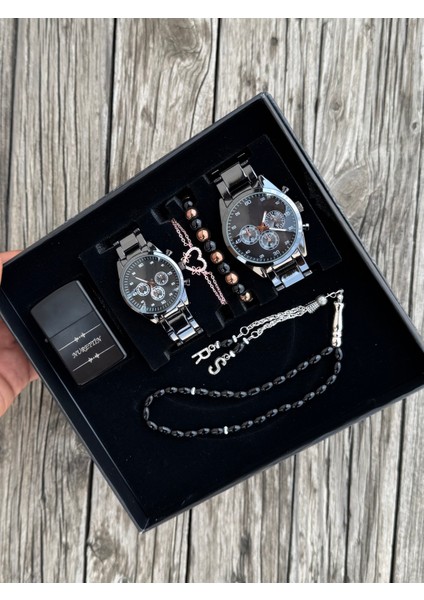 Özel Gün Kişiye Özel Çift Kol Saatleri Benzinli Çakmak Tesbih Bileklik Seti HBSET22