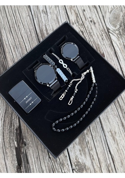 Kişiye Özel Çift Kol Saatleri Benzinli Çakmak Tesbih Bileklik Seti HBSET14