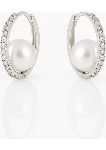 White Gold Plated Pearl Ball Hoop Küpe