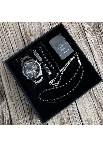 Hediyelik Kişiye Özel Erkek Kol Saati Benzinli Çakmak Tesbih Bileklik Seti HBSET17