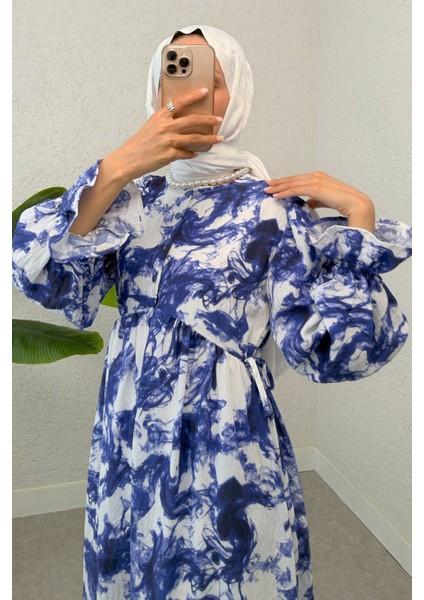 Yandan Bağcık Detaylı Kolları Lastikli Uzun Elbise fırsatları