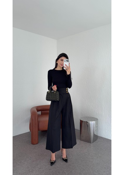 3 Düğmeli Ekstra Yüksek Bel Siyah Pantolon