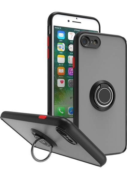 Apple iPhone 7 Uyumlu Kılıf Yüzüklü Standlı Extra Darbe Koruma Sert Silikon Kapak - Siyah
