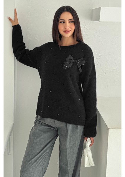 Kadın Boncuk Detaylı Fiyonk Triko Kazak – Zarif & Eğlenceli Stil fırsatları