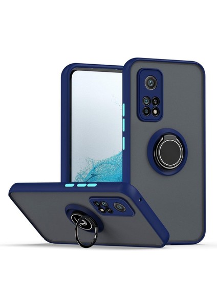 Xiaomi 10T Uyumlu Kılıf Yüzüklü Standlı Extra Darbe Koruma Sert Silikon Kapak - Lacivert
