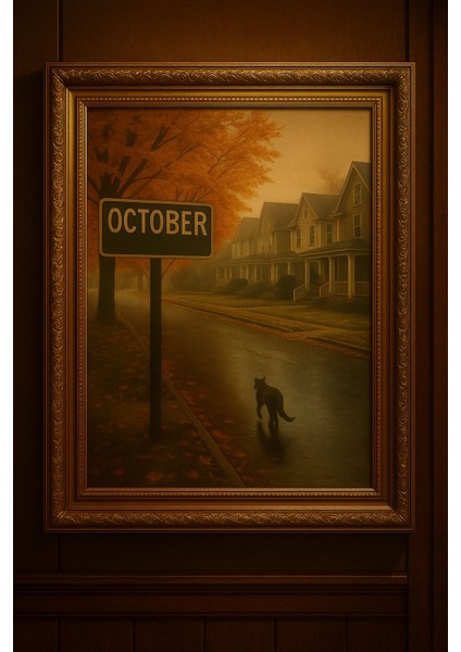 October – Sonbahar Atmosferi ve Kedi Figürlü Duvar Tablosu (Çerçeveli)