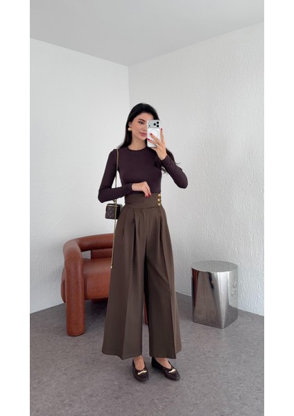 3 Düğmeli Ekstra Yüksek Bel Kahve Pantolon