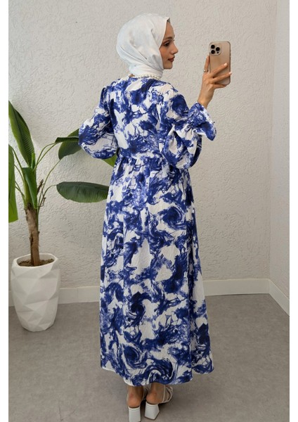 Yandan Bağcık Detaylı Kolları Lastikli Uzun Elbise fiyatları