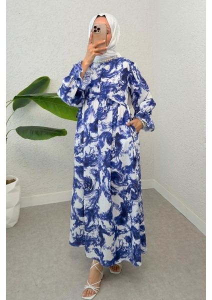 Yandan Bağcık Detaylı Kolları Lastikli Uzun Elbise fırsatları