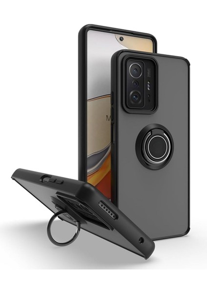 Xiaomi 11T Uyumlu Kılıf Yüzüklü Standlı Extra Darbe Koruma Sert Silikon Kapak - Siyah