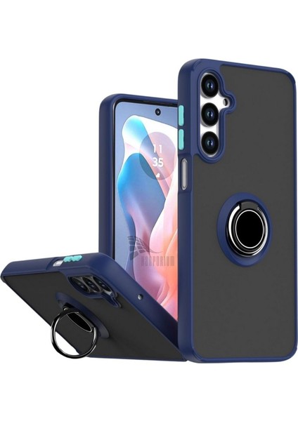 Samsung Galaxy S25 Fe Uyumlu Kılıf Yüzüklü Standlı Extra Darbe Koruma Sert Silikon Kapak - Lacivert
