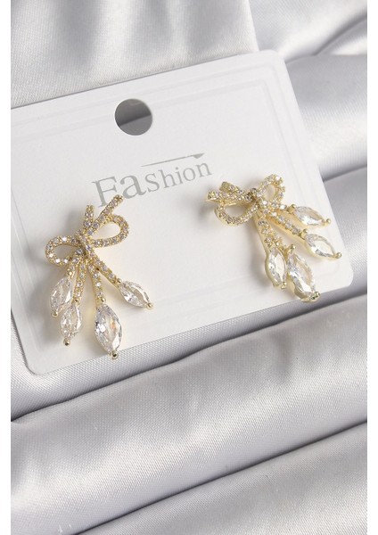 Bfs Pirinç Gold Renk Zirkon Taşlı Düğüm Model Damla Zirkon Taşlı Kadın Küpe