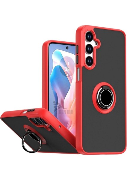 Samsung Galaxy S25 Fe Uyumlu Kılıf Yüzüklü Standlı Extra Darbe Koruma Sert Silikon Kapak - Kırmızı