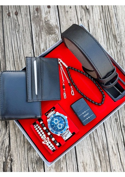 Siyah Renk Erkek Kol Saati Kemer Cüzdan Kartlık Çakmak Tesbih Bileklik Seti KMRSET10