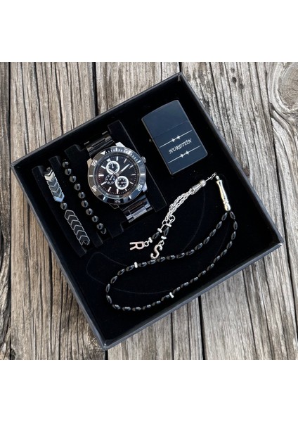 Kişiye Özel Erkek Kol Saati Benzinli Çakmak Tesbih Bileklik Seti HBSET24