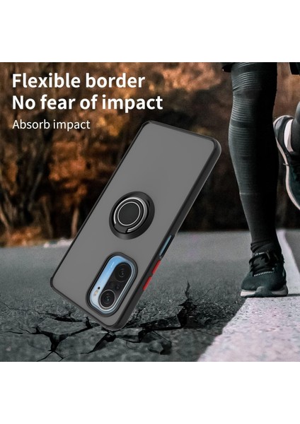 Redmi K40 Uyumlu Kılıf Yüzüklü Standlı Extra Darbe Koruma Sert Silikon Kapak - Siyah modelleri