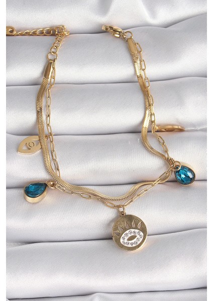 Bfs 316L Çelik Gold Renk Zirkon Taşlı Göz Işleme Figür Kadın Bileklik