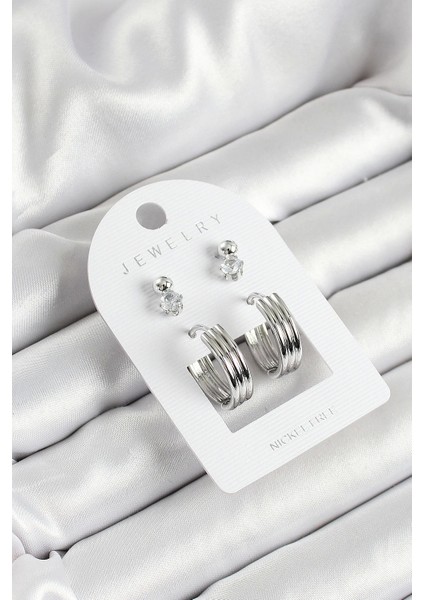 Bfs Pirinç Zirkon Taş ve Halka Figürlü Gümüş Renk 3'lü Çift Kadın Küpe Set