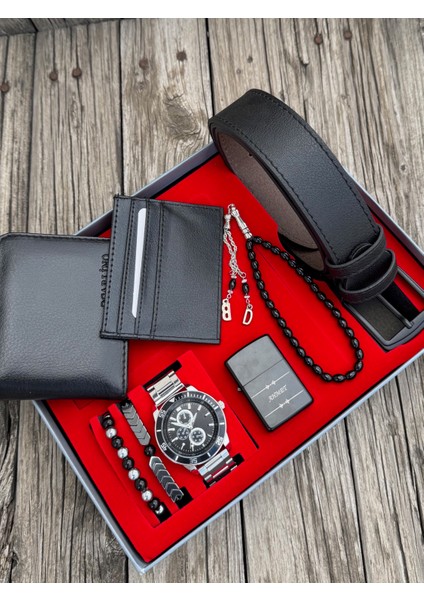 Kişiye Özel Erkek Kol Saati Kemer Cüzdan Kartlık Çakmak Tesbih Bileklik Seti KMRSET12
