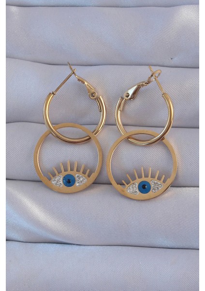 Bfs 316L Çelik Gold Renk Zirkon Taşlı Mavi Göz Tasarımlı Halka Küpe