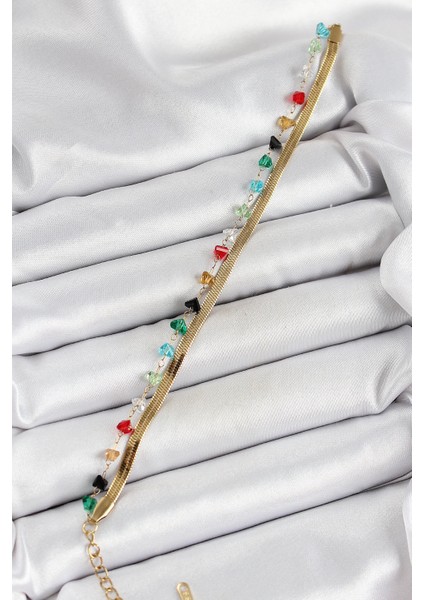 Bfs 316L Çelik Gold Renk Kristal Karışık Renkli Taşlı 2'li Kadın Bileklik