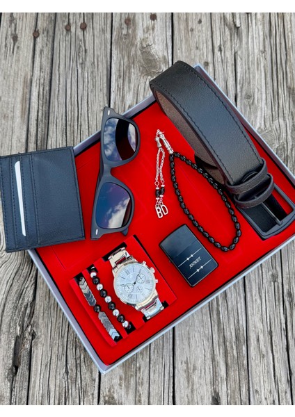 Gümüş Renk Erkek Kol Saati Kemer Gözlük Kartlık Çakmak Tesbih Bileklik Seti KMRSET13