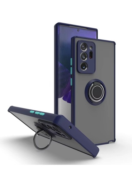 Samsung Galaxy Note 20 Ultra Uyumlu Kılıf Yüzüklü Standlı Extra Darbe Koruma Sert Silikon Kapak - Lacivert