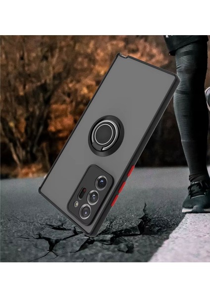 Samsung Galaxy Note 20 Ultra Uyumlu Kılıf Yüzüklü Standlı Extra Darbe Koruma Sert Silikon Kapak - Lacivert fırsatları