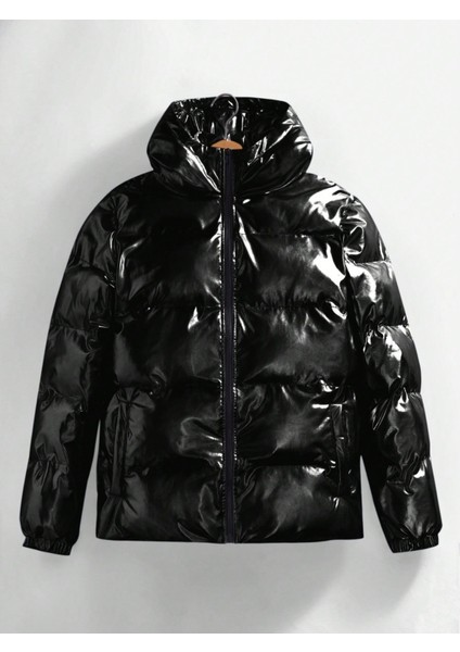Erkek Siyah Su ve Rüzgar Geçirmez Parlak Şişme Mont