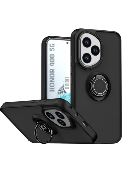 Honor 400 Uyumlu Kılıf Yüzüklü Standlı Extra Darbe Koruma Sert Silikon Kapak - Siyah