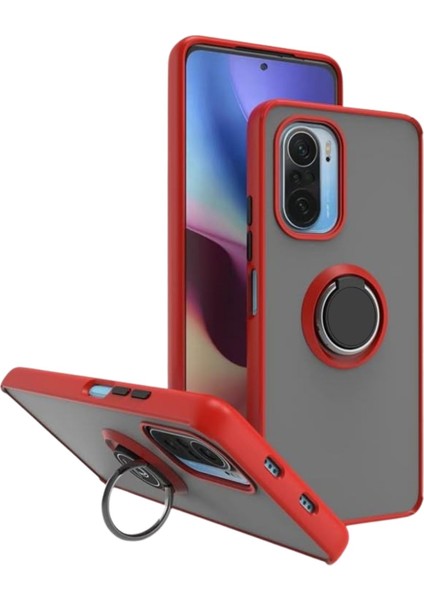 Redmi K40 Uyumlu Kılıf Yüzüklü Standlı Extra Darbe Koruma Sert Silikon Kapak - Kırmızı