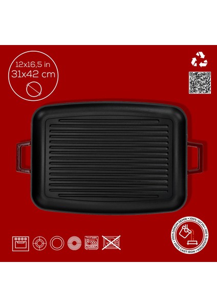Döküm Dikdörtgen Izgara Tepsi Döküm Demir Yekpare Çift Kulplu Ölçü 31X42CM.-BORDO fırsatları