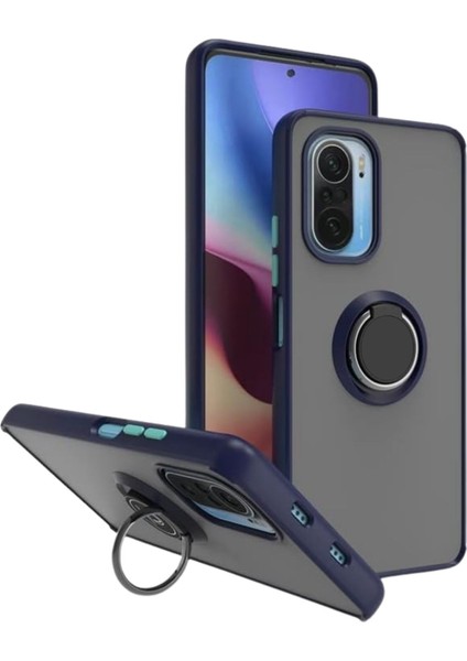 Redmi K40 Uyumlu Kılıf Yüzüklü Standlı Extra Darbe Koruma Sert Silikon Kapak - Lacivert