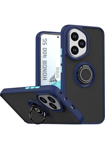 Honor 400 Uyumlu Kılıf Yüzüklü Standlı Extra Darbe Koruma Sert Silikon Kapak - Lacivert