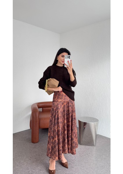 Damalı Kahve Saten Etek