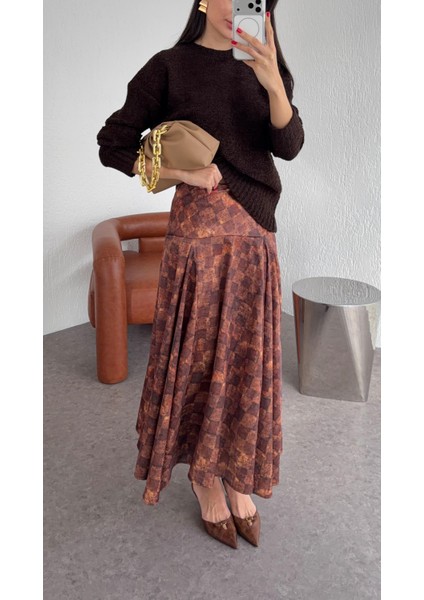 Damalı Kahve Saten Etek modelleri