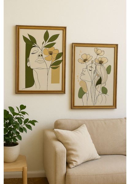 Floral Serenity – Kadın ve Çiçek Temalı Minimal Çizim Duvar Tablo Seti (2’li, Çerçeveli)