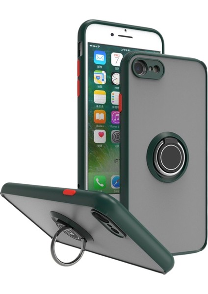 Apple iPhone 8 Uyumlu Kılıf Yüzüklü Standlı Extra Darbe Koruma Sert Silikon Kapak - Yeşil