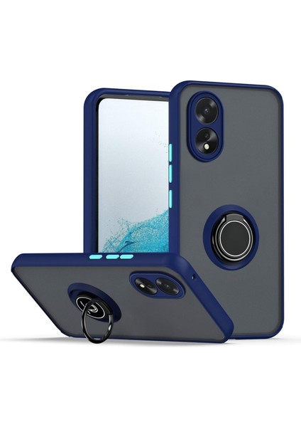 Oppo A18 Uyumlu Kılıf Yüzüklü Standlı Extra Darbe Koruma Sert Silikon Kapak - Lacivert