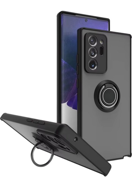 Samsung Galaxy Note 20 Ultra Uyumlu Kılıf Yüzüklü Standlı Extra Darbe Koruma Sert Silikon Kapak - Siyah