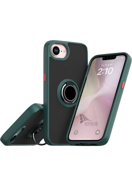 Apple iPhone 16E Uyumlu Kılıf Yüzüklü Standlı Extra Darbe Koruma Sert Silikon Kapak - Yeşil