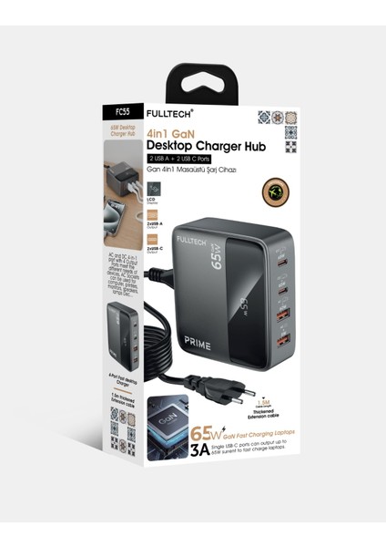 65W Dijital Göstergeli Masaüstü 4 Portlu Adaptör Hızlı Şarj Cihazı Istasyonu 2xusb-A, 2xtype-C Giriş,1,5 Mt. Kablo fırsatları