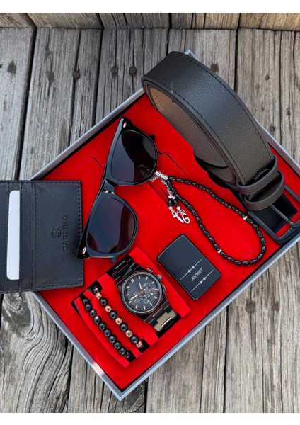 Kişiye Özel Siyah Renk Erkek Kol Saati Kemer Gözlük Kartlık Çakmak Tesbih Bileklik Seti KMRSET17