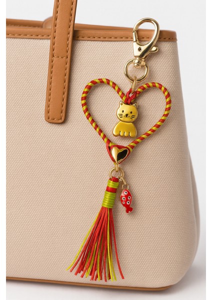 El Yapımı Kalpli Kedi & Köpek Sever Charm – Renkli Püsküllü Çanta Süsü